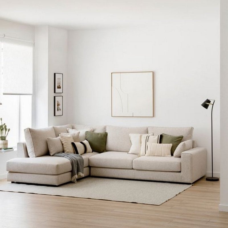 Malazhouse Beech And Linen L Shape Sofa - Beige - Image 1